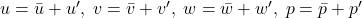  u = \bar{u} + u', \; v = \bar{v} + v', \; w = \bar{w} + w', \; p = \bar{p} + p' 