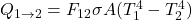 Q_{1\rightarrow2} = F_{12}\sigma A(T_1^4 - T_2^4)