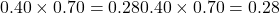  0.40 \times 0.70 = 0.28 0.40 \times 0.70 = 0.28 