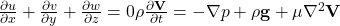  \frac{\partial u}{\partial x} + \frac{\partial v}{\partial y} + \frac{\partial w}{\partial z} = 0 \rho \frac{\partial \mathbf{V}}{\partial t} = -\nabla p + \rho \mathbf{g} + \mu \nabla^2 \mathbf{V} 
