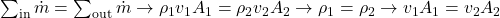  \sum_{\text{in}} \dot{m} = \sum_{\text{out}} \dot{m} \rightarrow \rho_1 v_1 A_1 = \rho_2 v_2 A_2 \rightarrow \rho_1 = \rho_2 \rightarrow v_1 A_1 = v_2 A_2 