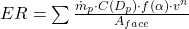  ER = \sum \frac{\dot{m}_p \cdot C(D_p) \cdot f(\alpha) \cdot v^n}{A_{face}} 