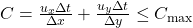 C = \frac{u_x\Delta t}{\Delta x} + \frac{u_y\Delta t}{\Delta y} \leq C_{\text{max}}