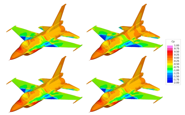 Pressure coefficient distributions over the A/C surface using various turbulence models