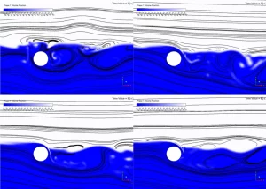 A time-sequence of VOF volume fraction contours combined with streamlines, illustrating the movement of the water-air interface and the formation of vortices in the Multiphase CFD simulation