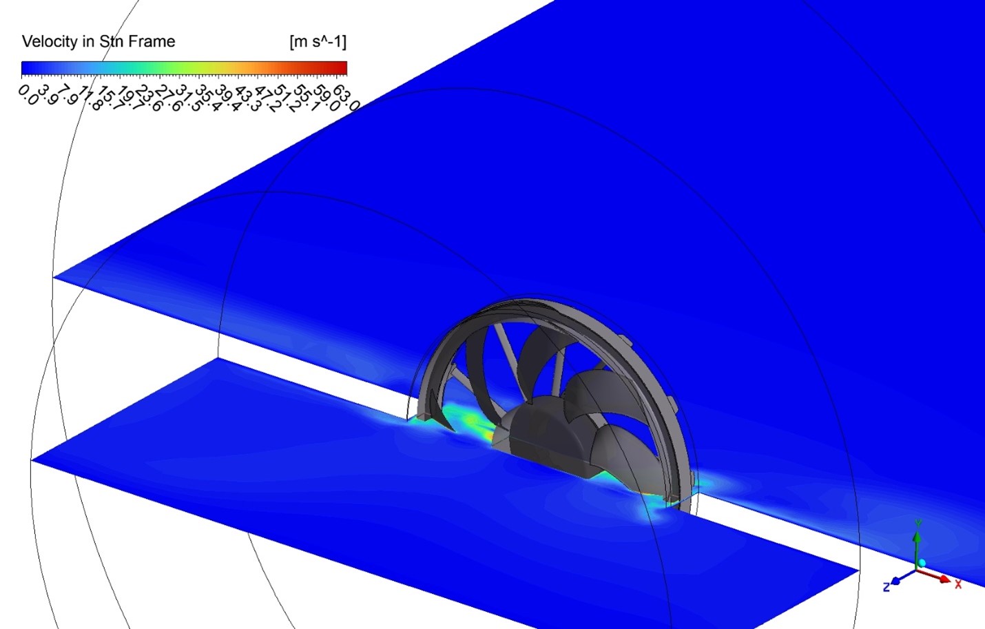 Velocity distribution around 3D axial fan CFD Simulation
