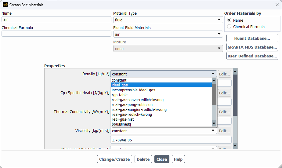 Fig 5. Different density models in ANSYS Fluent software