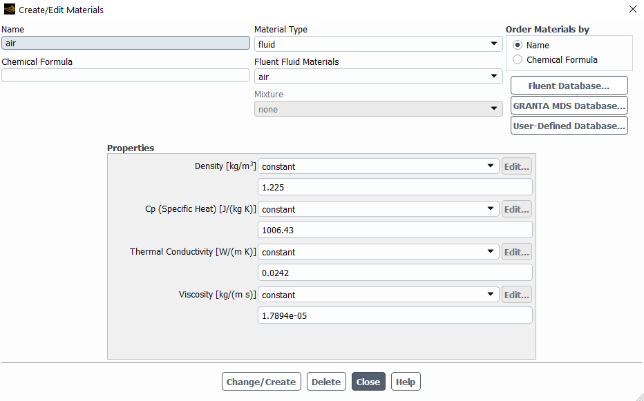 Materials window to specify properties