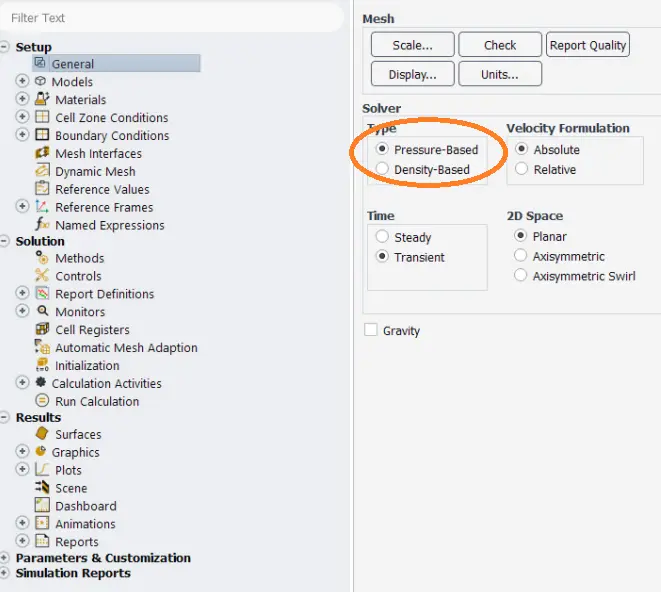 Point4: Choose Solver Type Select Pressure-Based or Density-Based solver. For most incompressible transient flows, pressure-based solver is recommended. For high-speed compressible flows, use the density-based solver (see fig.12). 