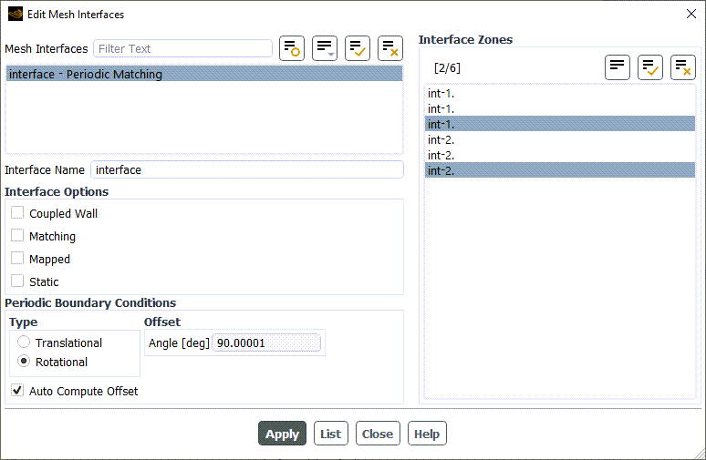 Figure 16- Edit Mesh Interfaces Tab in ANSYS Fluent