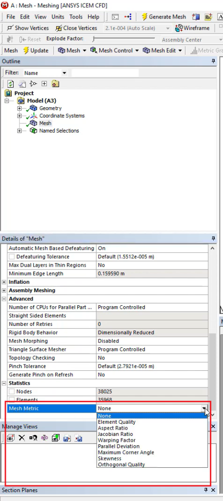 Figure 12- Mesh Quality Metrics Selection in ANSYS ICEM CFD for Identifying Element Quality and Potential Issues