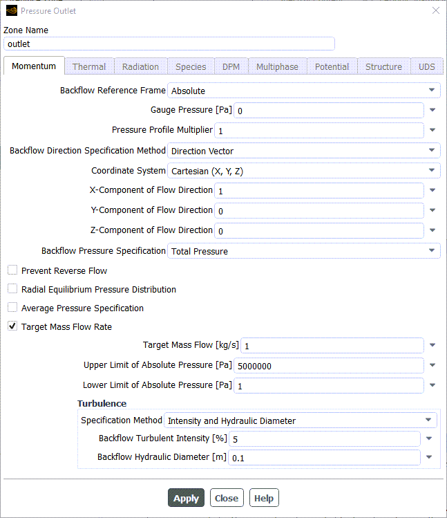 Figure 6- The Schematic of Pressure Outlet Boundary Condition in ANSYS Fluent