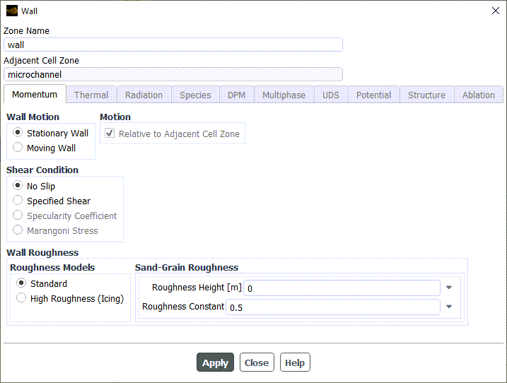 Figure 8- The schematic of Wall Boundary Condition in ANSYS Fluent