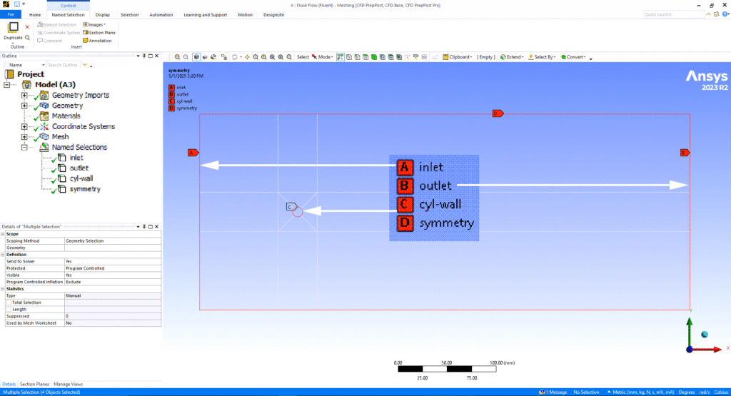 Figure 13- Boundary conditions and named selections setup for 2d flow around a cylinder in ANSYS Fluent