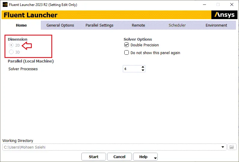Figure 15- Fluent launcher setup window for selecting simulation dimension and solver options