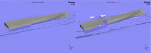 VOF contours at 4 seconds and 8 seconds, visualizing the water surface deformation and the changing immersion depth of the Floating Boat