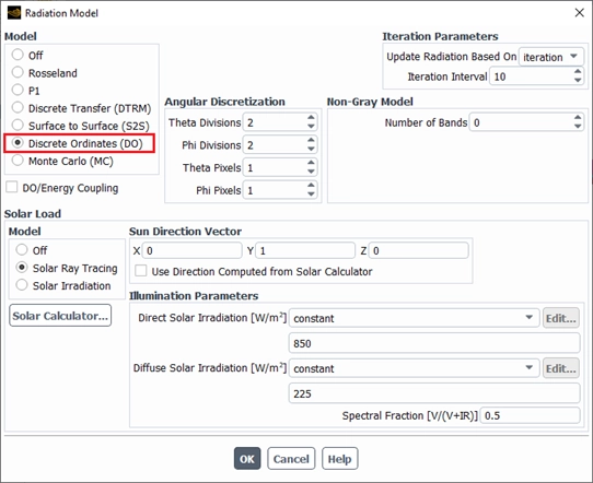 Radiation heat transfer model settings using the Discrete Ordinates (DO) method in ANSYS Fluent.