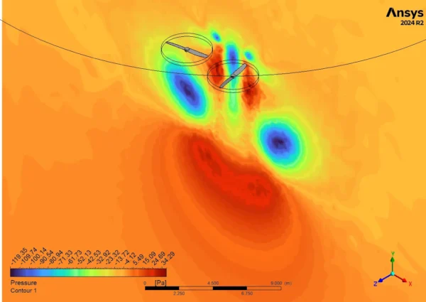 Figure 2: Vorticity field highlighting the strong tip vortices created by the rotating blades of the Quadcopter Fluent model.
