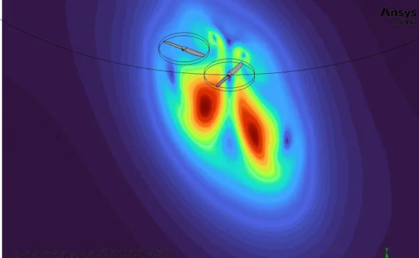 Figure 2: Vorticity field highlighting the strong tip vortices created by the rotating blades of the Quadcopter Fluent model.