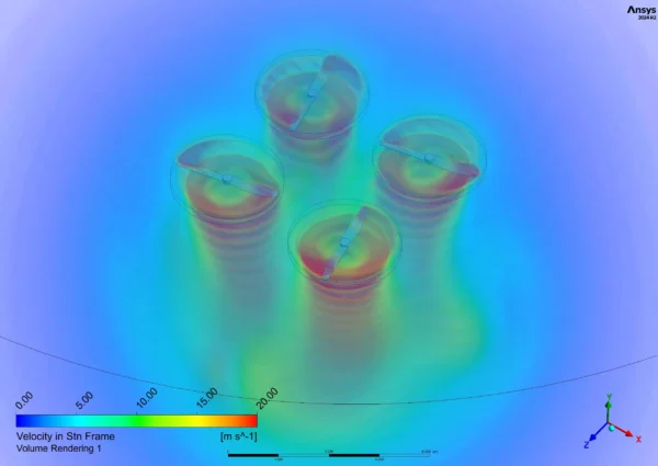 Figure 2: Vorticity field highlighting the strong tip vortices created by the rotating blades of the Quadcopter Fluent model.