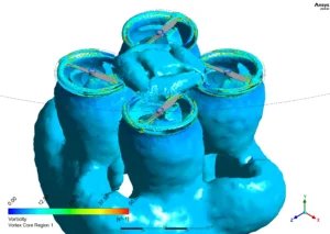 Figure 2: Vorticity field highlighting the strong tip vortices created by the rotating blades of the Quadcopter Fluent model.