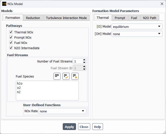 ansys fluent nox model fuel streams and fuel species settings panel.