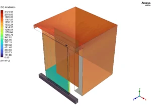 Solar radiation contours on a Trombe wall surface calculated using the Solar Ray Tracing model in Fluent.