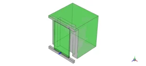 3D geometry of a Trombe wall model including glazing, thermal mass wall, and fan vents for ANSYS analysis.