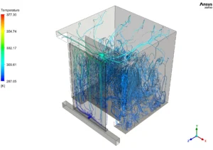 Temperature streamlines in a Trombe wall CFD simulation showing air heating from inlet to outlet.