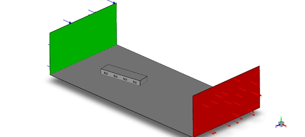 : 3D Geometry Model of the building consisting of four rooms arranged in a row, oriented at an angle to the incoming wind for the CFD Analysis.