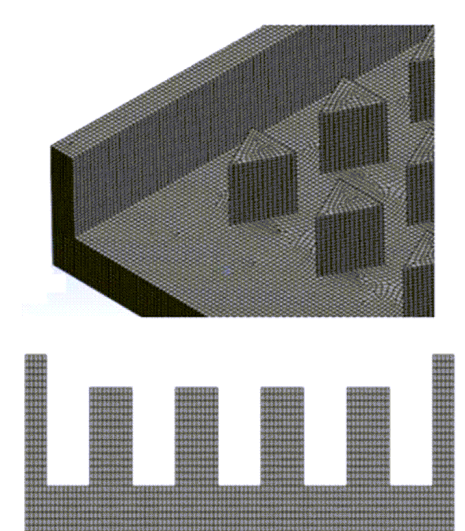 : 3D Geometry and Mesh generated for the Triangular Shaped Pin Fins ANSYS Fluent simulation, showing the hexahedral grid refinement near the fin walls