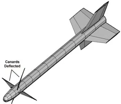 3D geometric model of the canard missile, showing the nose cone, central body, forward canard surfaces, and rear tail fins