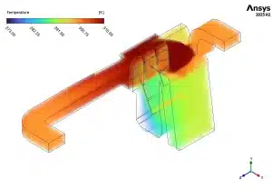 جدید 3D volume temperature contour highlighting how the upper ducts receive warmer orange air while the lower sections trap colder blue and green air
