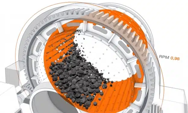 : A schematic drawing of the massive rotating SAG Mill equipment used in the mining industry