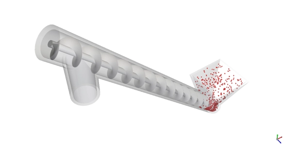 Geometry model & particle injection, showing the 3D metal screw blades and the top opening where the fresh sand enters the system