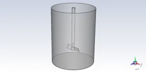 Geometry of the mixing tank and impeller, showing the 3D computational space of the cylindrical vessel and the rotating metal blades