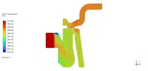 : Static temperature contours displaying severe thermal stratification, where the cold 273 K air (blue) fails to mix completely with the hot 310 K air (red).