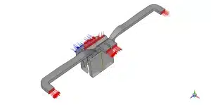 The 3D computational representation displaying the tetrahedral mesh structure and the inflation layers near the walls