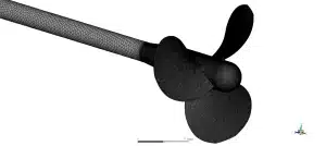 The 3D computer mesh grid, displaying the millions of polyhedral cells wrapping tightly around the propeller shaft and blades