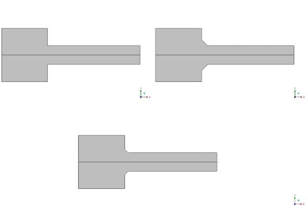 Three Evaluated Geometric Models - The computational representation comparing the sharp 90° baseline corner against the optimized 3.5 mm and 2.5 mm rounded chamfer configurations