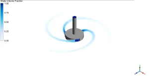 Water Volume Fraction (VOF Phase Distribution), visualizing the dark blue solid water breaking into light blue droplets as it sprays outward