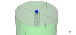 A sketch showing the cylindrical domain, the top injector nozzle, and the two symmetry boundary conditions