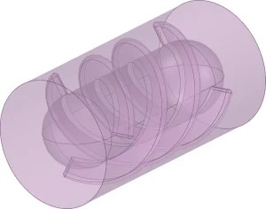 Geometry model of the rotating domain, displaying the 3D representation of the central body and the twisting helical fins
