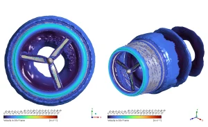 image of Diffuser-Augmented HAWT Aeroacoustics CFD Analysis – ANSYS Fluent Tutorial Lambda Q-criterion contour colored by velocity magnitude, beautifully visualizing the complex 3D spinning tip vortices and wake structures reaching exactly 33.78 m/