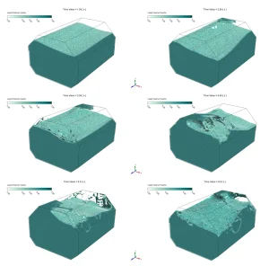 Unbaffled LNG tank liquid volume fraction contours from 1.55s to 6.5s