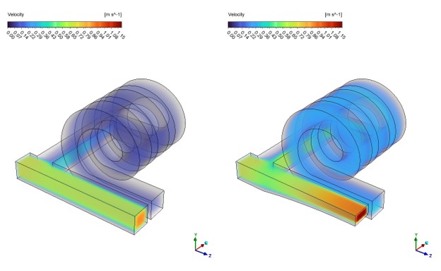 A visual Before and After comparison of the velocity contours. The final optimized geometry shows a smoother, more efficient flow distribution in the helix tube