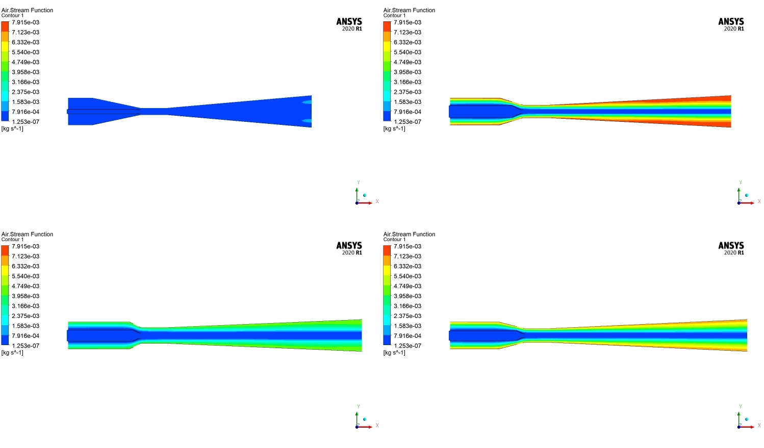 The Air Stream Function contour proving the optimal shape safely carries the massive air volume out to the exit.