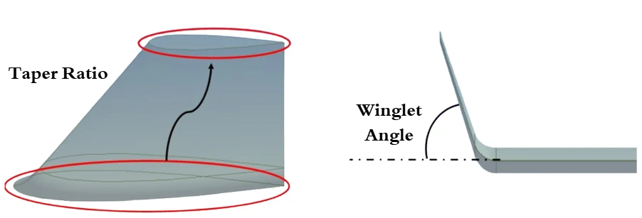 The exact parameterized variables inside ANSYS, defining the Winglet Scale and Winglet Angle.