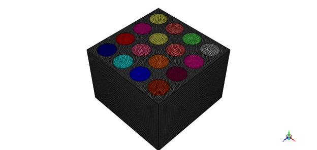 Polyhedral computational mesh wrapped tightly around the internal cylindrical battery walls.