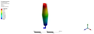 The 3D total deformation contour at exactly 2.5 s, showing the red peak movement at the top and zero movement at the fixed base.